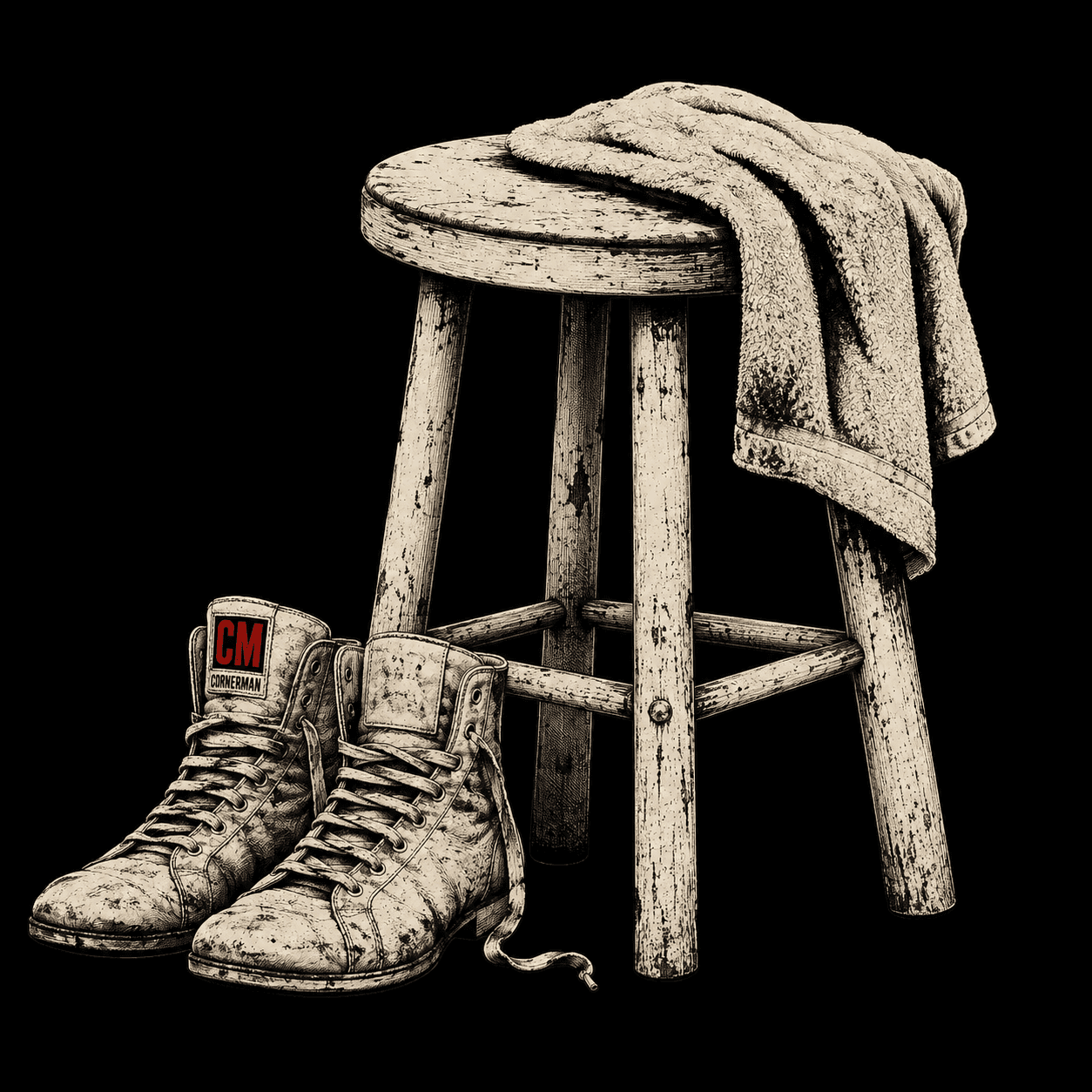 A worn corner stool with a draped towel and a pair of training shoes — the moment between rounds.